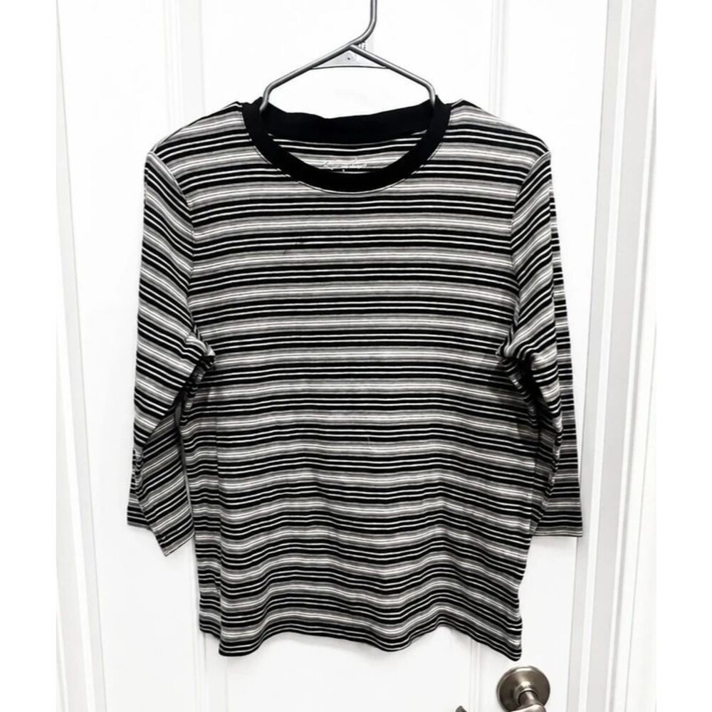 Kim Rogers Women’s Large Black Gray White Striped 3/4 Sleeve Top